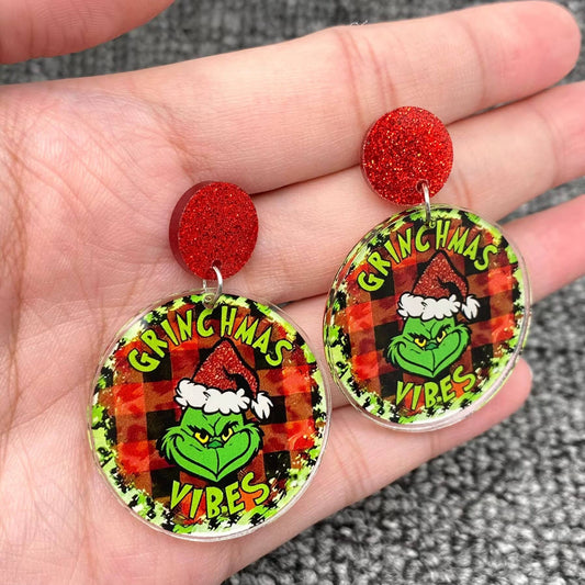 Christmas Grinch Circular Charm Post Earrings