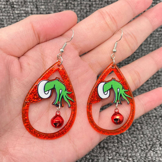 Mio Queena - Christmas Acrylic Grinch Holding Bell Red Drop Dangle Earrings