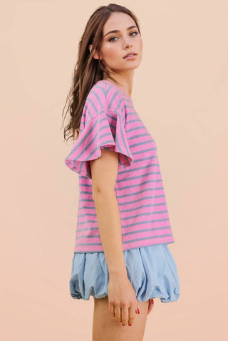 VERY J - NT12476-Oversized Ruffle Sleeve Casual Stripe Knit Top