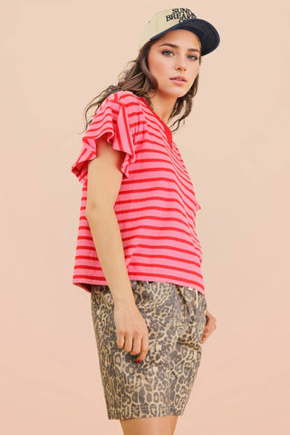 VERY J - NT12476-Oversized Ruffle Sleeve Casual Stripe Knit Top