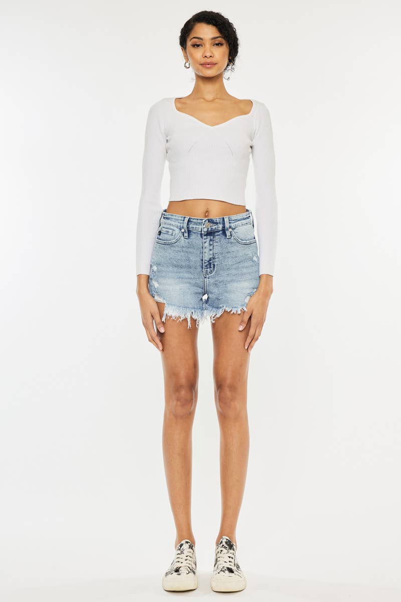 Kan Can USA - HIGH RISE FRAY HEM DENIM SHORTS