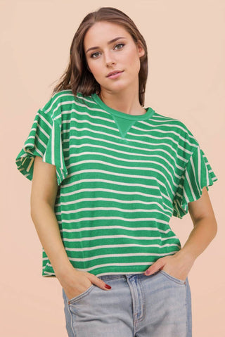 VERY J - NT12476-Oversized Ruffle Sleeve Casual Stripe Knit Top