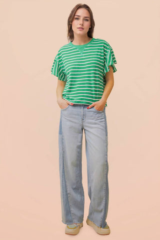 VERY J - NT12476-Oversized Ruffle Sleeve Casual Stripe Knit Top