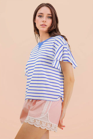 VERY J - NT12476-Oversized Ruffle Sleeve Casual Stripe Knit Top
