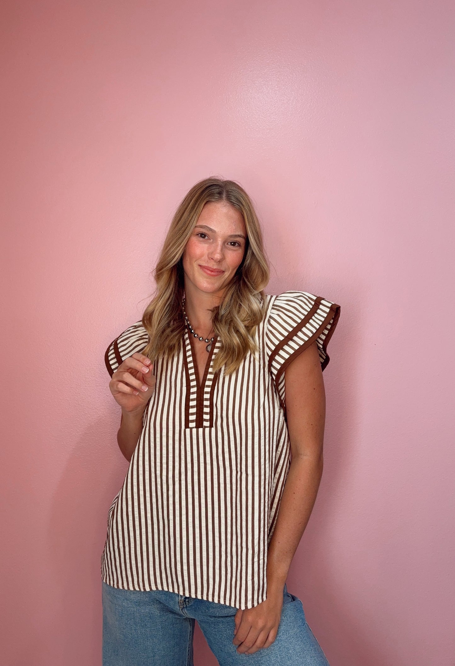 Mocha Stripe Ruffle Sleeve Top