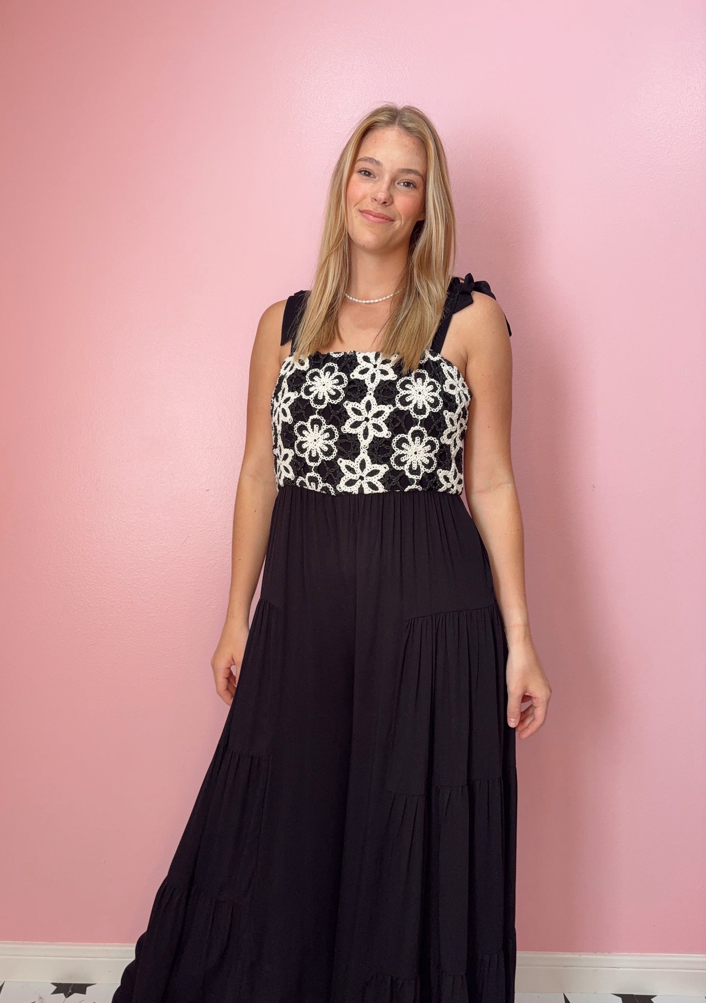 Black Embroidered Tiered Leg Jumpsuit