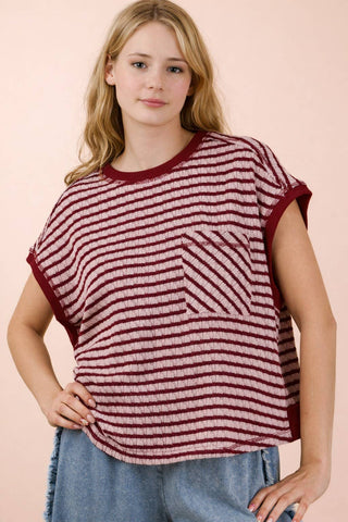 VERY J - NT12605-Open Back Striped Textured Knit Top