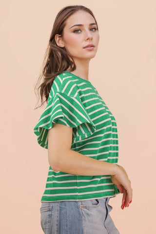 VERY J - NT12476-Oversized Ruffle Sleeve Casual Stripe Knit Top