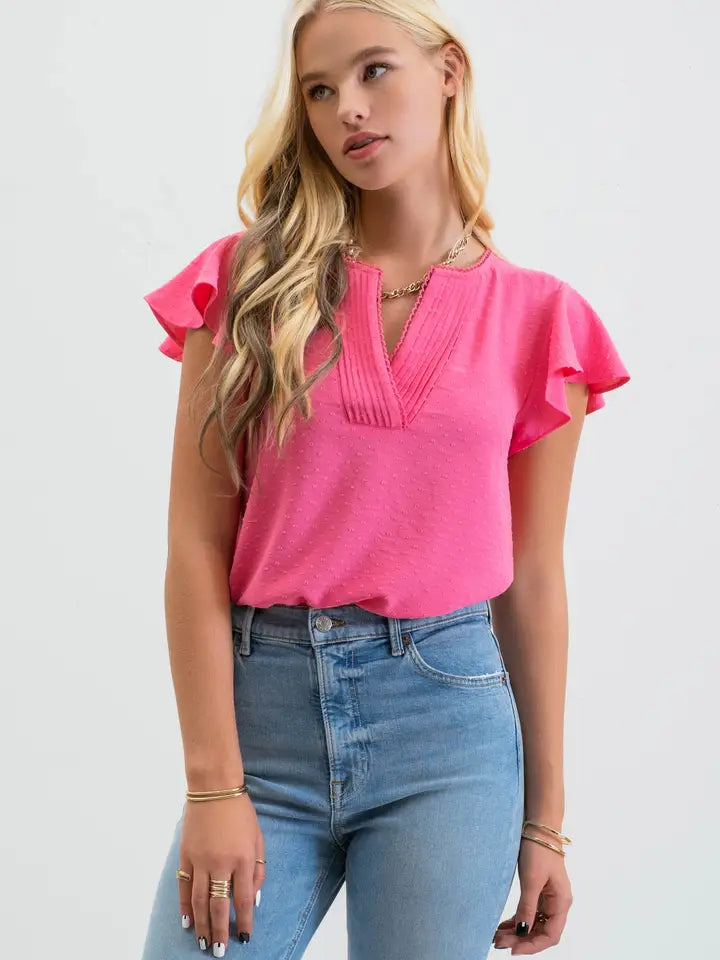 Lace Edge Split Neckline Woven Top
