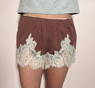 Lace Trim Flowy Shorts - Chocolate