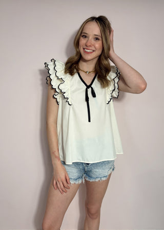Black & Cream Contrast Bow Top
