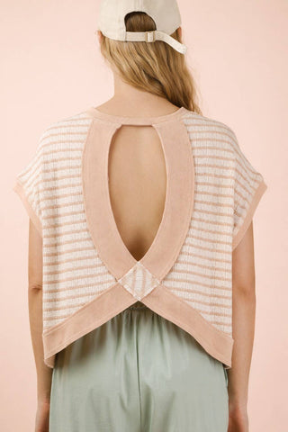 VERY J - NT12605-Open Back Striped Textured Knit Top