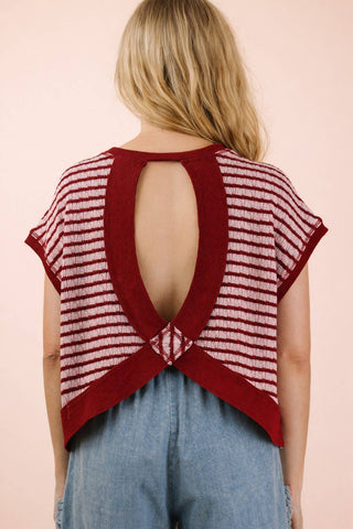 VERY J - NT12605-Open Back Striped Textured Knit Top