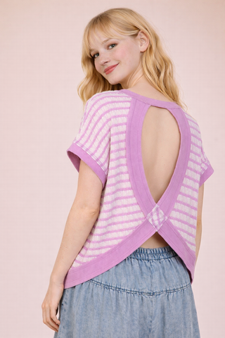 VERY J - NT12605-Open Back Striped Textured Knit Top