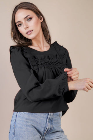 VERY J - NT11848-Casual Ruffle Shoulder Woven Blouse Top