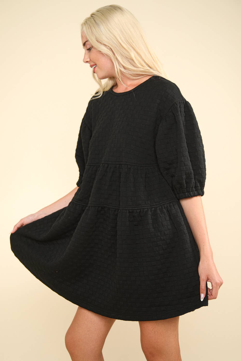 Quilted Knit A-Line Puff Sleeve Babydoll Mini Dress