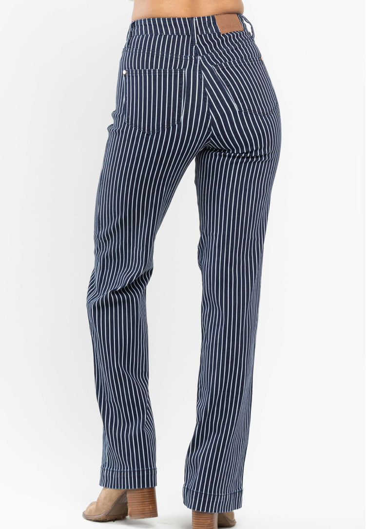 JUDY BLUE- Denim & White Pinstripe Straight Leg Jeans - Tummy Control