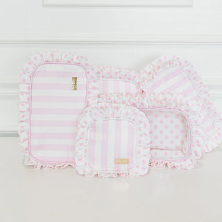 Pink Polka Stripe Ruffled Nylon XL Pouch