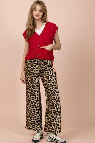 VERY J - NP70940-Side Stripe Tape Detail Leopard Wide Leg Pants