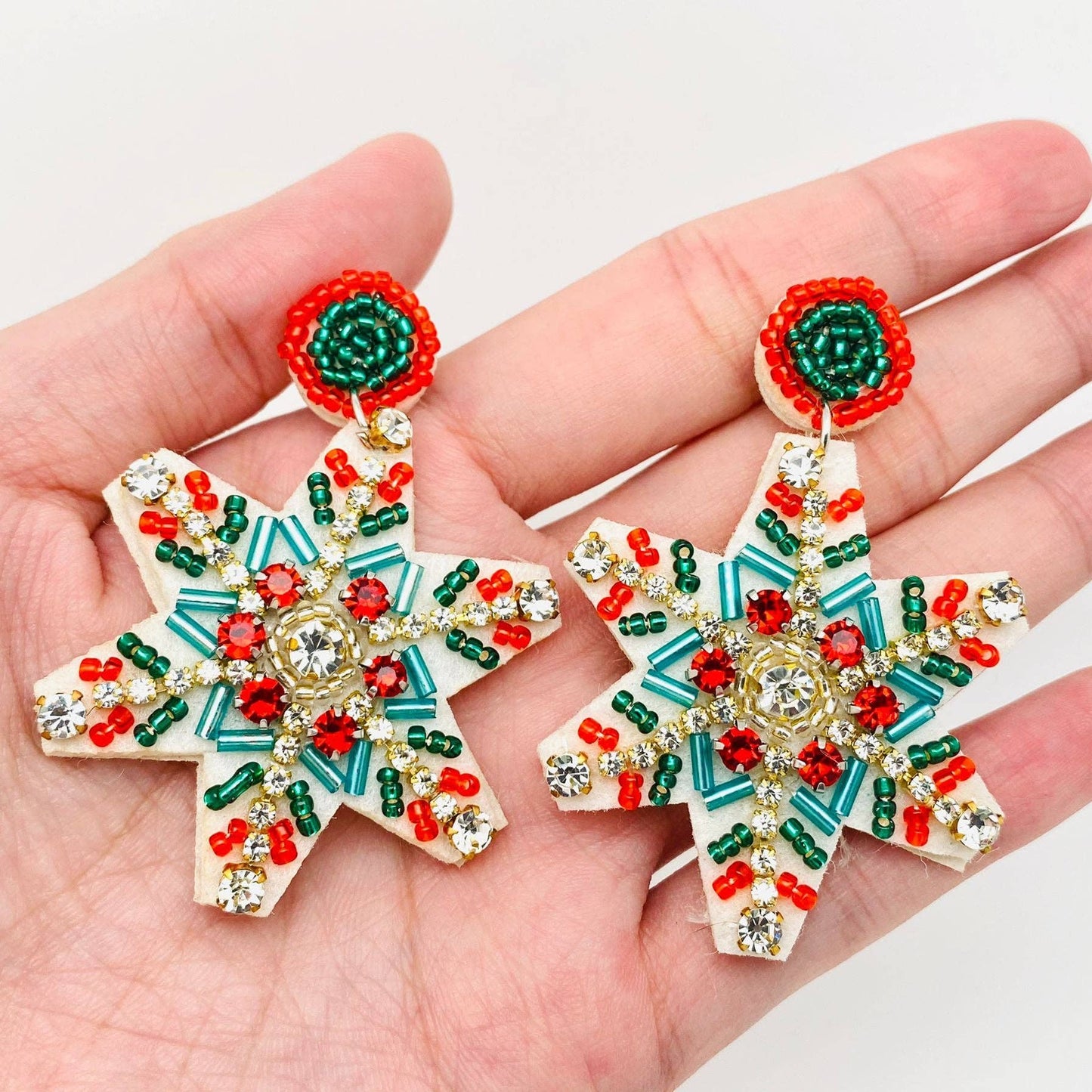 Mio Queena - Christmas Rhinestone Colored Beaded Snowflake Post Earrings