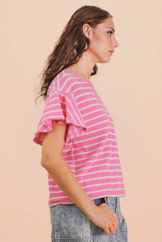 VERY J - NT12476-Oversized Ruffle Sleeve Casual Stripe Knit Top