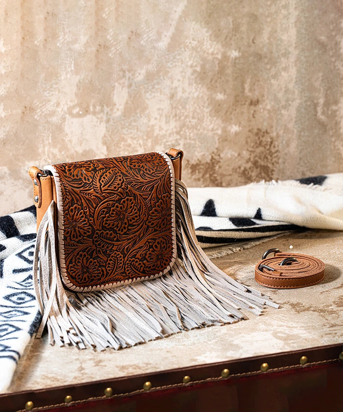 Montana West Brown/Tan Genuine Leather Floral Fringe Crossbody