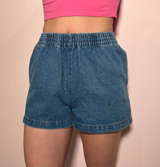 Elastic Waist Mineral Wash Denim Shorts