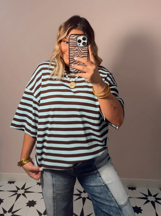 Blue & Mocha Stripped Knit Top