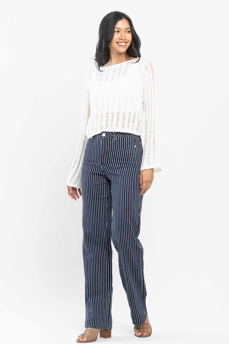 JUDY BLUE- Denim & White Pinstripe Straight Leg Jeans - Tummy Control