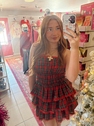 Strapless Tiered Plaid Mini Romper Dress