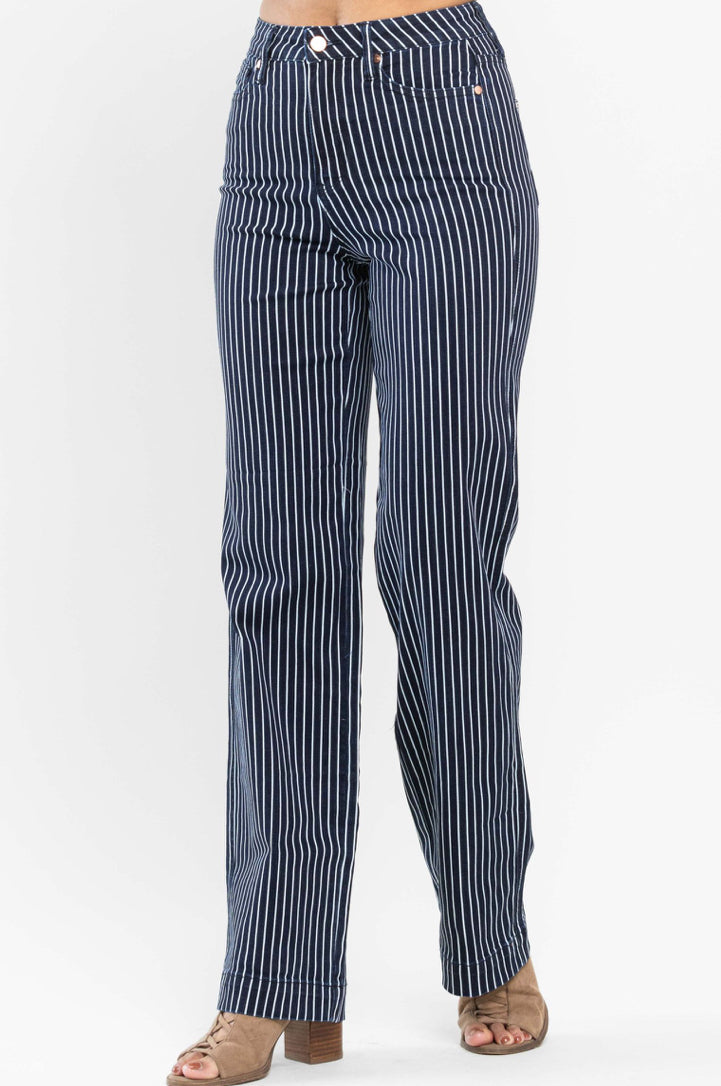 JUDY BLUE- Denim & White Pinstripe Straight Leg Jeans - Tummy Control