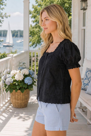 Main Strip - Embroidered Puff Sleeve Button Front Blouse