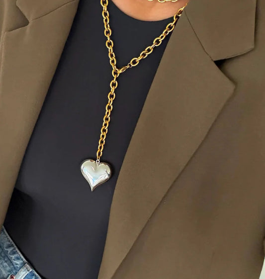 TWO TONED HEART NECKLACE LONG