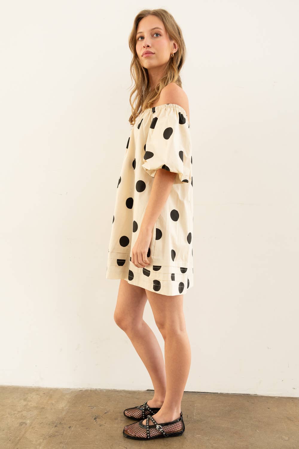 Off-Shoulder Polka Dot Mini Dress