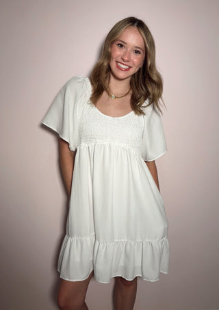 White Smocked Mini Dress
