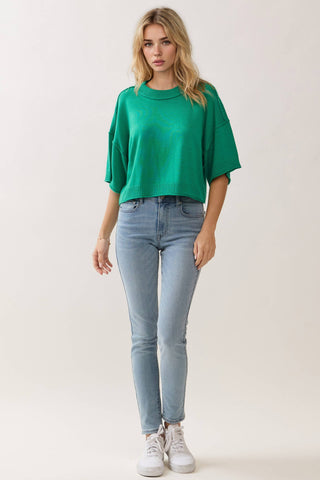 TCEC - CW2649-Relaxed Fit Round Neck Short Sleeve Knit Top
