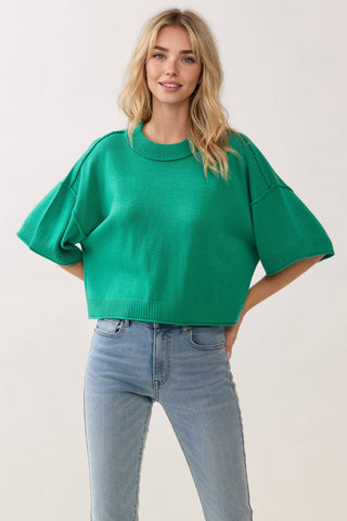 TCEC - CW2649-Relaxed Fit Round Neck Short Sleeve Knit Top