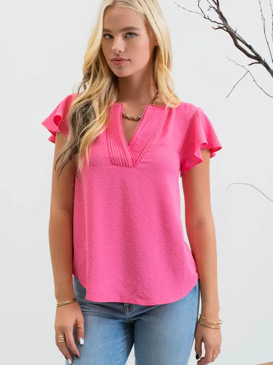 Lace Edge Split Neckline Woven Top