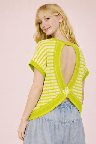 VERY J - NT12605-Open Back Striped Textured Knit Top
