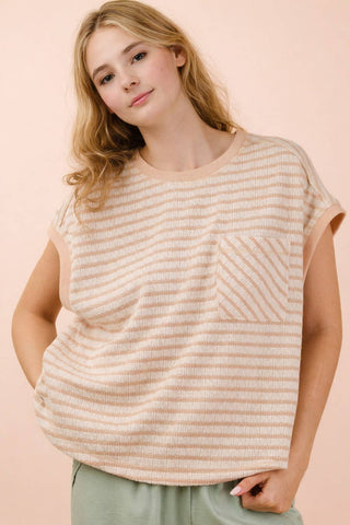 VERY J - NT12605-Open Back Striped Textured Knit Top