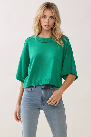 TCEC - CW2649-Relaxed Fit Round Neck Short Sleeve Knit Top
