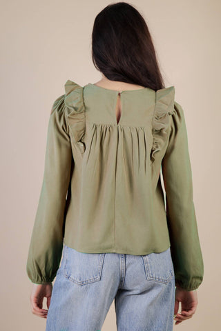 VERY J - NT11848-Casual Ruffle Shoulder Woven Blouse Top