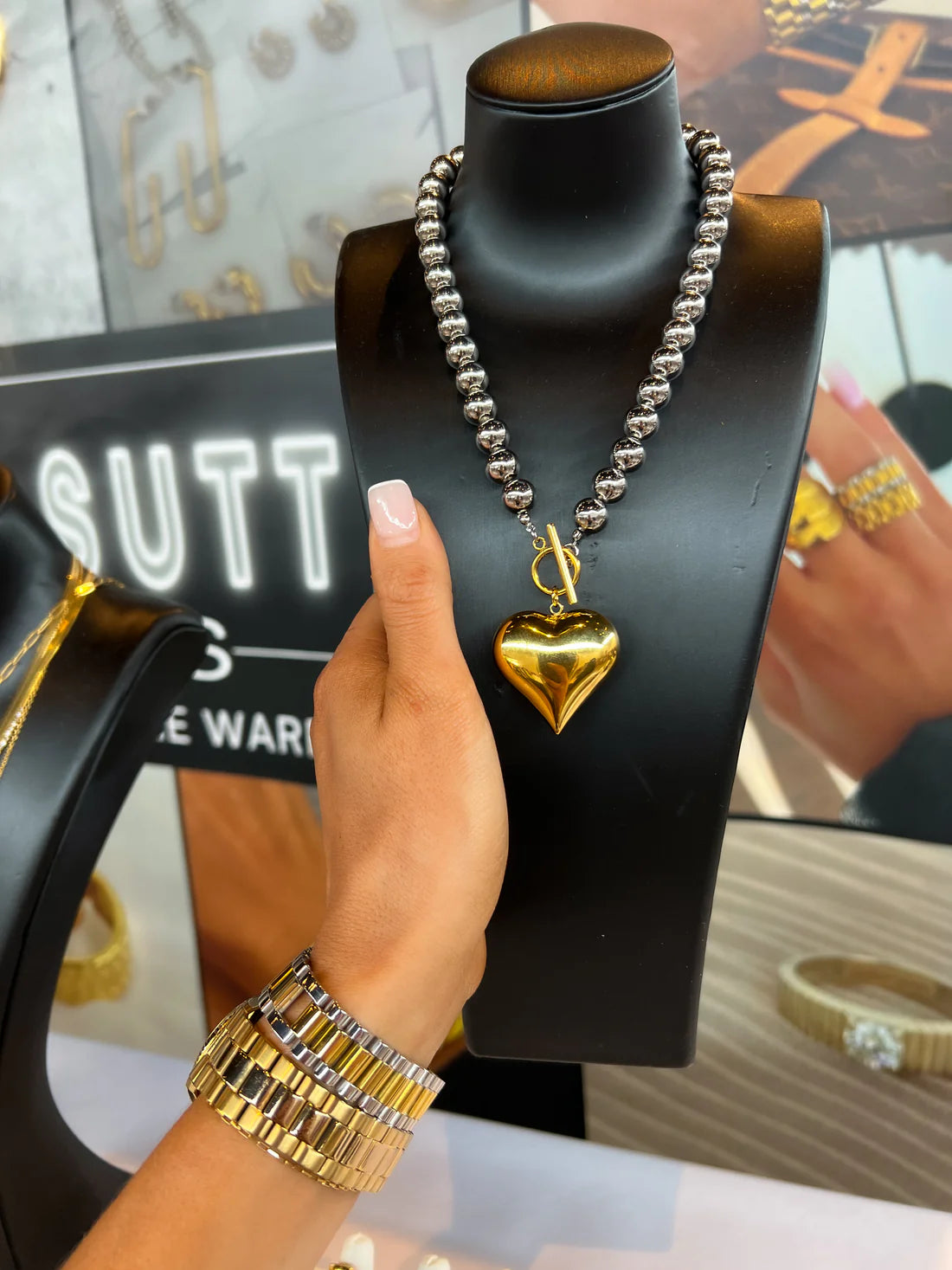Chunky Mixed Metal Heart Necklace