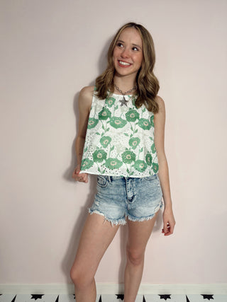 Green Floral Sleeveless Top
