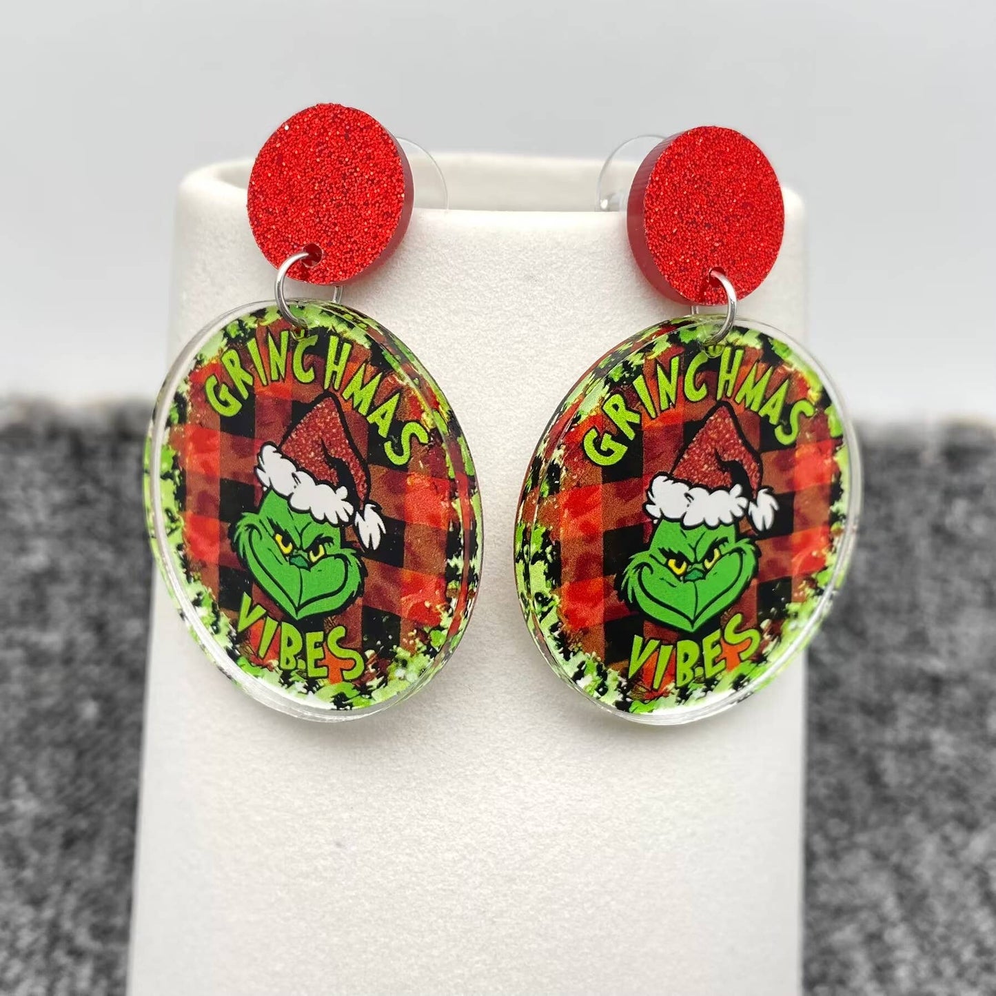 Christmas Grinch Circular Charm Post Earrings