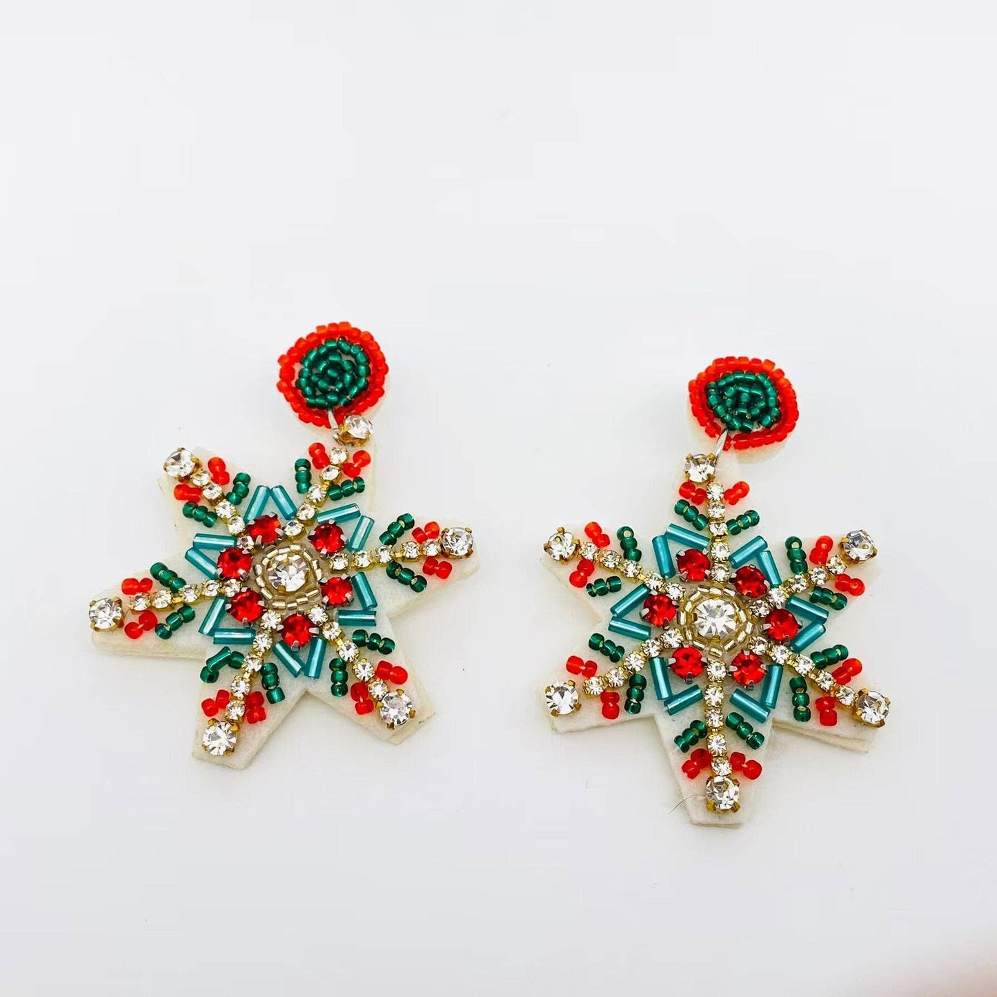 Mio Queena - Christmas Rhinestone Colored Beaded Snowflake Post Earrings