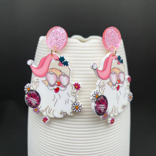 Christmas Santa Claus Acrylic Post Earrings - Pink Disco