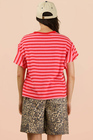 VERY J - NT12476-Oversized Ruffle Sleeve Casual Stripe Knit Top