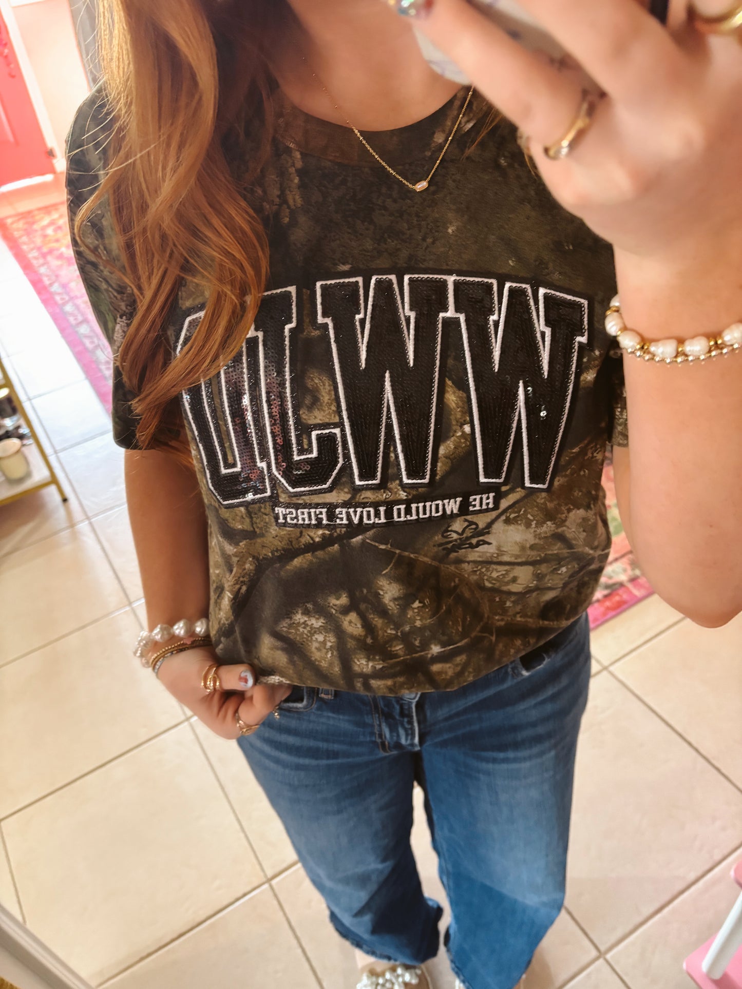 Camo Sequin WWJD Tee