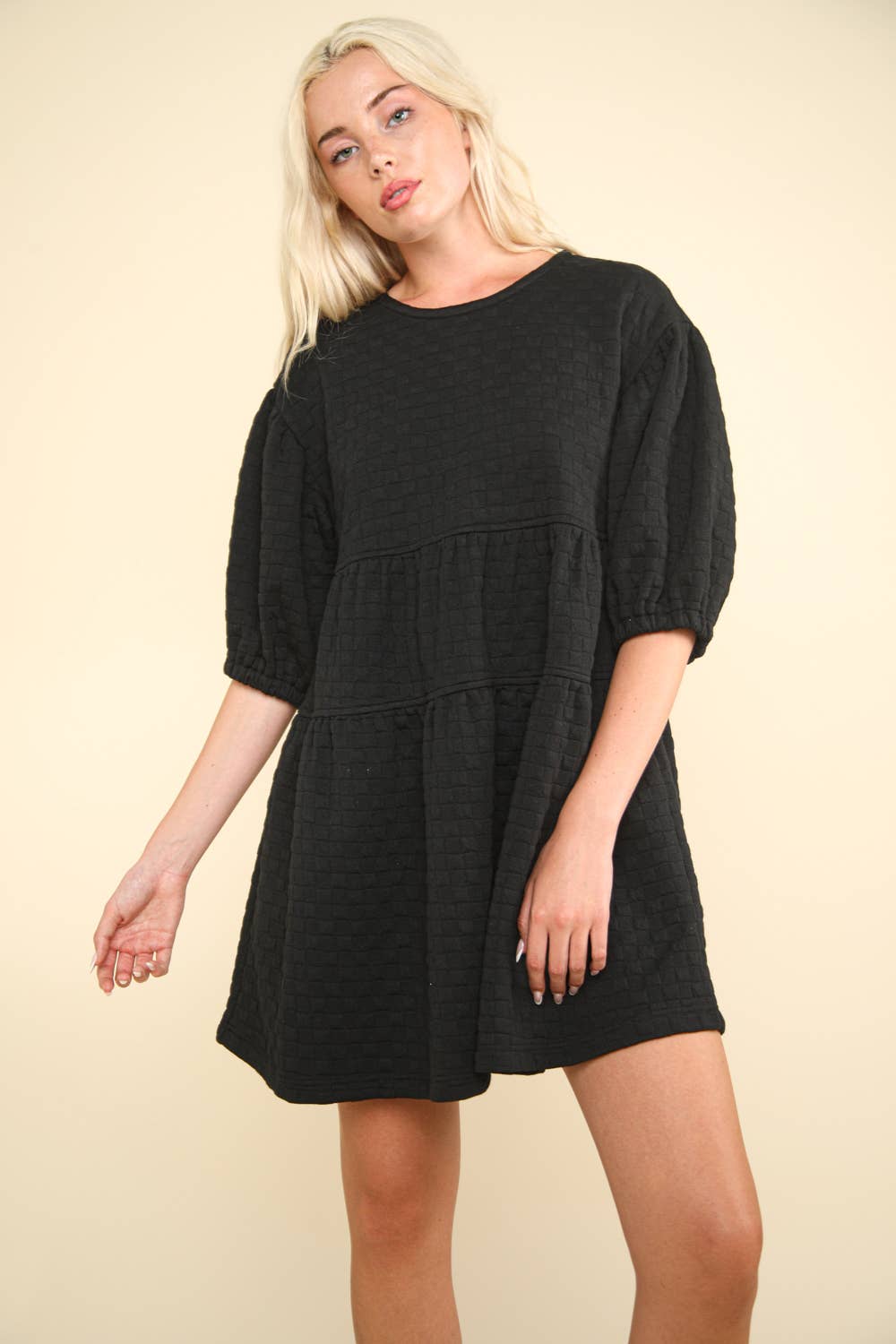 Quilted Knit A-Line Puff Sleeve Babydoll Mini Dress